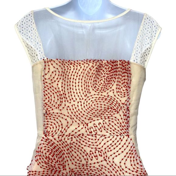 Anthropologie WESTON Illusion Semi Sheer Embroidered Midi Dress Cream Red XS - Picture 11 of 14